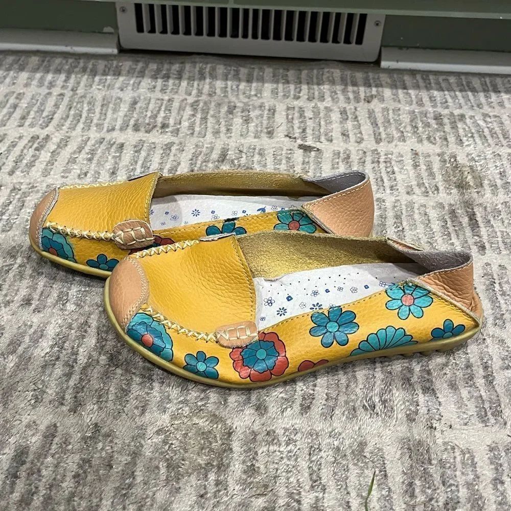 Comfortable Leather Floral Print Flats Casual Driving Loafer Shoes Yellow Sz 36